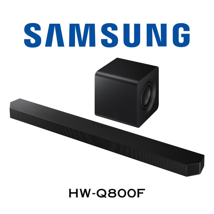 Samsung HW-Q800F Barre de son 5.1.2 canaux 360 Watts, Bluetooth, 11 haut-parleurs, haut-parleur central intégré et aigues, 2 canaux latéraux et 2 à projection vers le haut; subwoofer sans fil 1x8'' actif + 1 x 6.5'' passif compact, Dolby Atmos, DTS:X, QSymphony, mode jeu Pro.