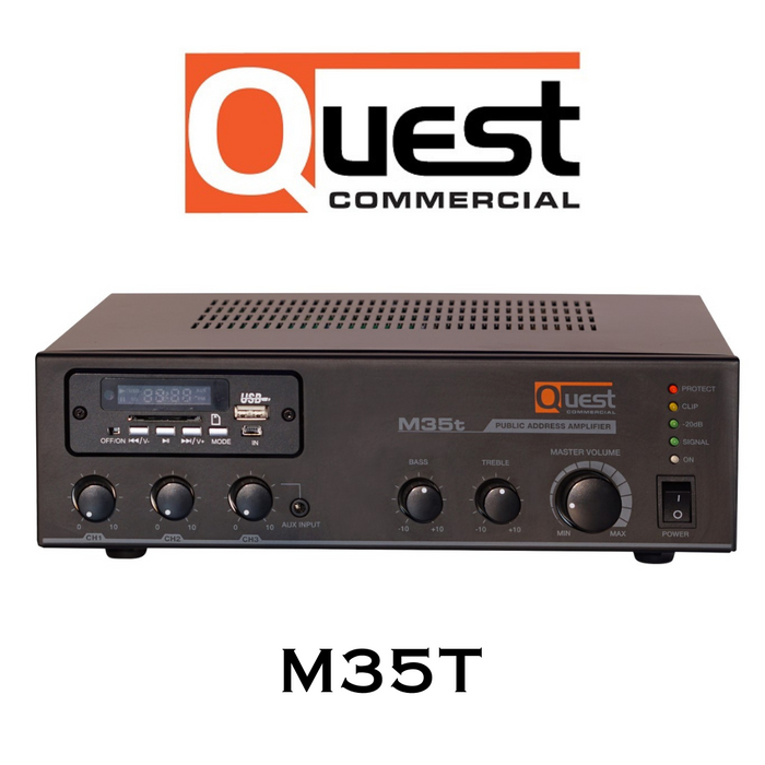 Quest Commercial M35T - Amplificateur commercial Quest M35T 35Watts 70V avec tuner et lecteur MP3 intégré