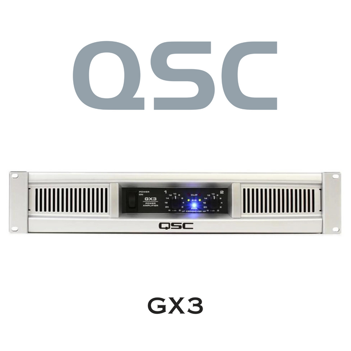 QSC GX3 - Amplificateur de puissance commercial 300Watts avec niveaux de puissance adaptés aux enceintes les plus populaires. Entrées : XLR, TRS 6,35 mm et phono, sorties combo Speakon® et bornes de liaison.
