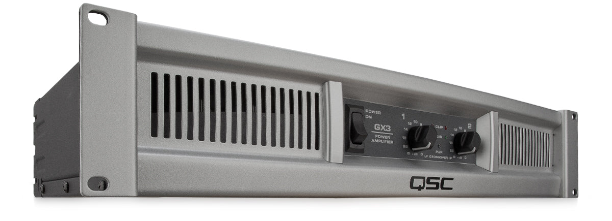 QSC GX3 - Amplificateur de puissance commercial 300Watts avec niveaux de puissance adaptés aux enceintes les plus populaires. Entrées : XLR, TRS 6,35 mm et phono, sorties combo Speakon® et bornes de liaison.