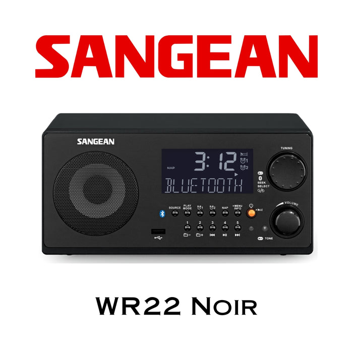 Sangean WR22 - Radio réveil numérique AM/FM, USB, Bluetooth