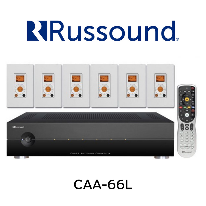 Russound CAA-66L - Amplificateur source multi-pièces pour les systèmes de musique Russound 6 entrées stéréo RCA, 6 paires de connecteurs d'enceintes et 20 watts RMS par canal + 6 contrôleurs KPL et télécommande