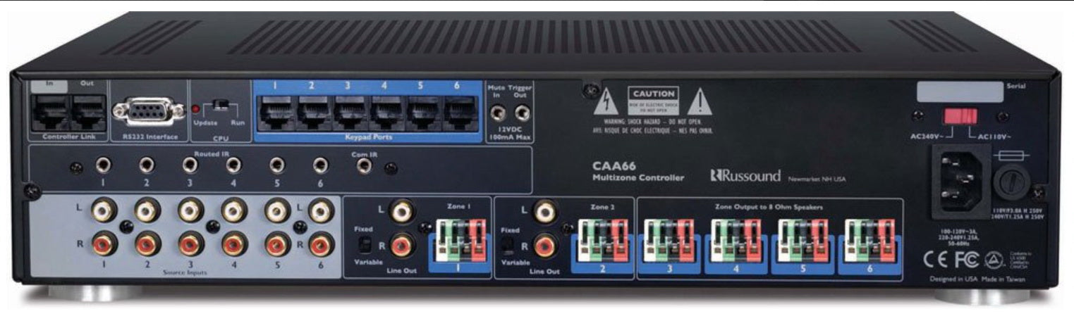 Russound CAA-66 - Amplificateur source multi-pièces pour les systèmes de musique Russound 6 entrées stéréo RCA, 6 paires de connecteurs d'enceintes et 20 watts RMS par canal
