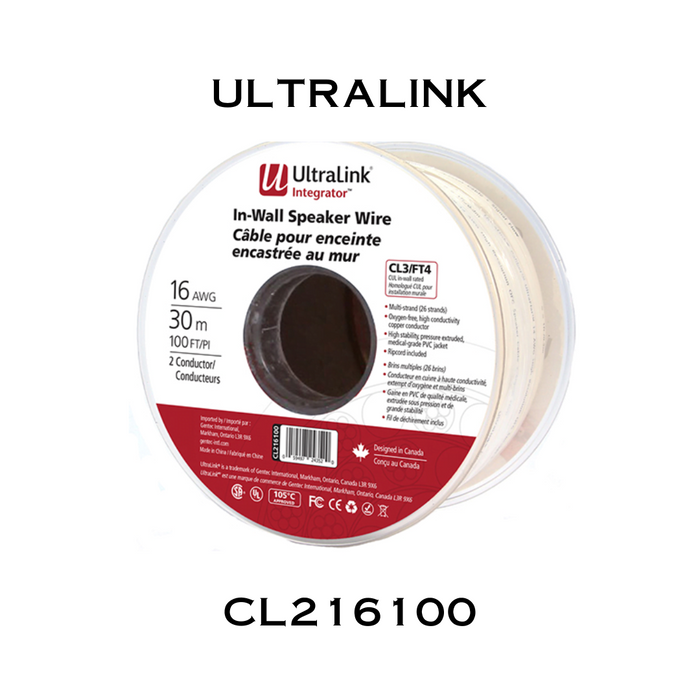 Ultralink CL216100 - Câble pour enceinte encastrée au mur 100' Calibre Integrator FT4 16AWG 2 conducteurs