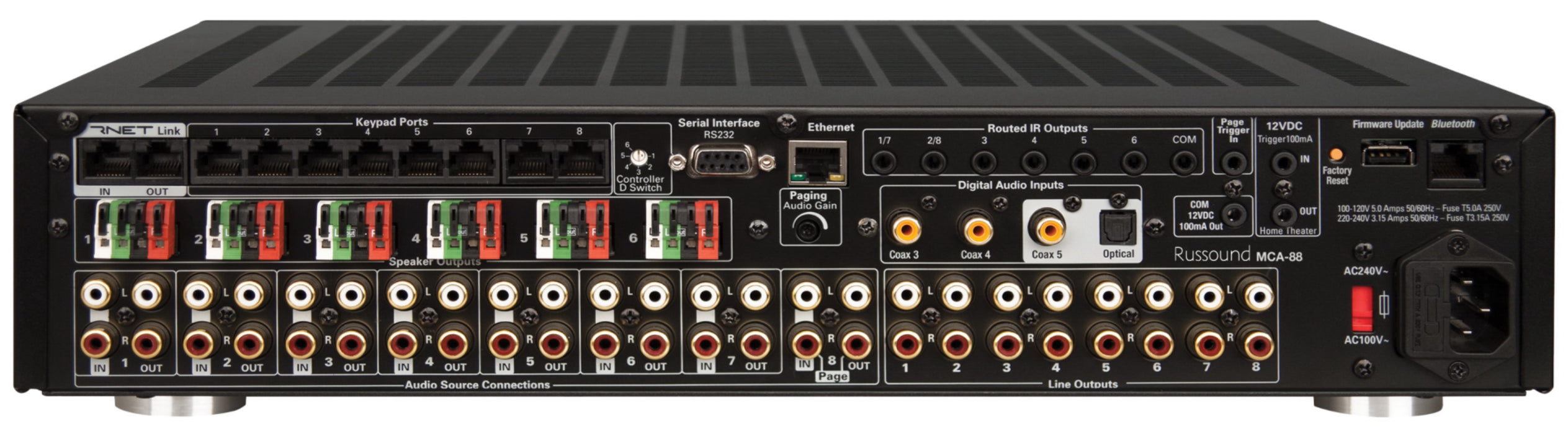 Russound MCA-88 - Amplificateur multizones pour les systèmes Russound. 8 sources/6 zones amplifiées @ 40W / ch, jusqu'à 8 entrées stéréo niveau ligne, 3 coaxiales numériques et 1 optiques et contrôle vocal est disponible en utilisant Amazon Alexa
