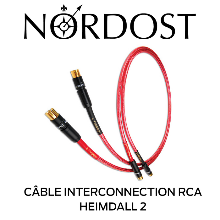 NORDOST Heimdall 2 - Câble d'interconnexion RCA-RCA: conception 4 conducteurs à noyau solide OFC plaqués argent 24 AWG à 99,9999 %; Isolation en FEP de haute qualité, capacitance: 25.0pF/pi; Inductance: 0,06 μH/pied!