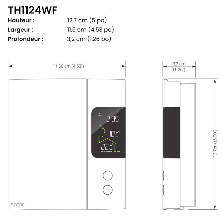 Sinopé TH1124WF - Thermostat Wi-Fi intelligent pour chauffage électrique 4000W se connecte directement au réseau Wi-Fi et peut interagir avec les plinthe électrique, convecteur (cycle court), ventiloconvecteur (cycle long)*, Plafond rayonnant