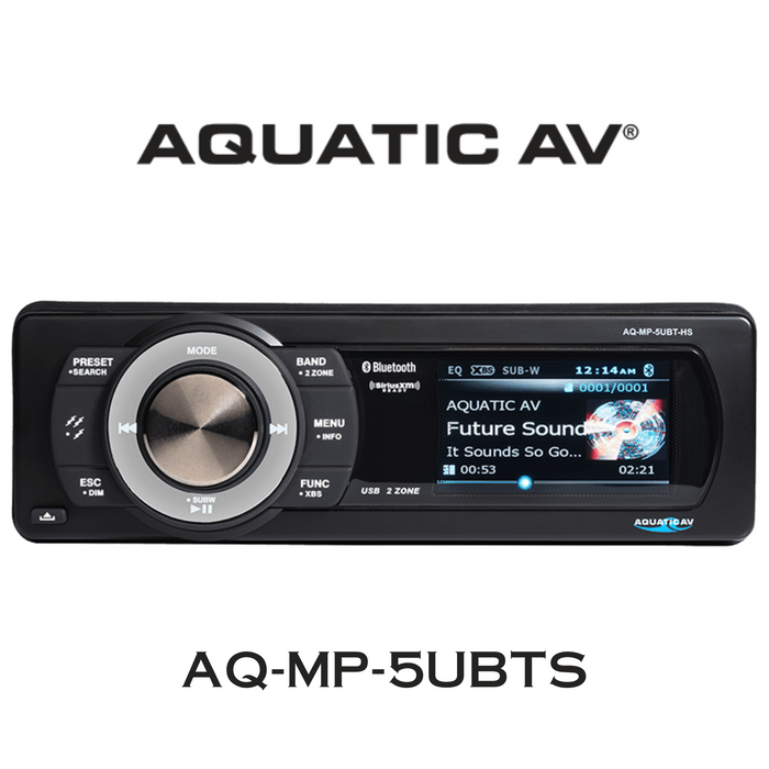 AQUATIC AV AQMP5UBTS - Radio marine avec la norme IP55, 4x45watts, écran LCD couleur 3″,connectivité Bluetooth, entrées stéréo jack 3,5 mm ou RCA et Radio FM / AM avec 30 presets.