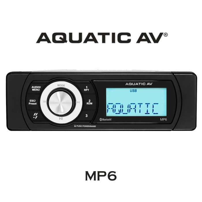 Aquatic AV MP6 - Stéréo marin IP65 (pouvant être exposé à un jet d’eau) pour une protection maximale à montage peu profond, AM/FM, Bluetooth/MP3/USB, entrée AUX, amplificateur de 88 watts et écran monochrome de 3″