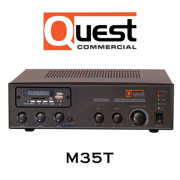 Quest Commercial M35T - Amplificateur commercial Quest M35T 35Watts 70V avec tuner et lecteur MP3 intégré.