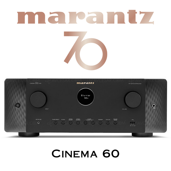 Marantz Cinema 60 - Récepteur cinéma maison 100Watts/7.2Canaux : Dolby Atmos, DTS:X et 8K Ultra HD et streaming HEOS intégré. Le CINEMA 60 est assez puissant pour équiper les salles de cinéma maison des audio/vidéophiles les plus exigeants!