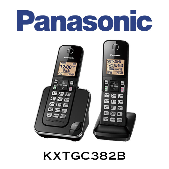 Panasonic KXTGC382B - Téléphone sans fil 2 combinés, afficheur facile à lire (Écran de 1.6"), mode mains libres, mode de nuit, mode Éco intelligent qui permet de prolonger la durée des conversations et il est avantageux pour l'environnement.