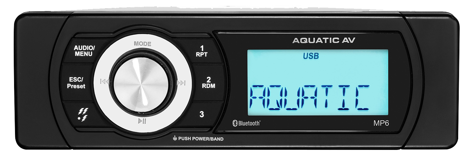 Aquatic AV MP6 - Stéréo marin IP65 (pouvant être exposé à un jet d’eau) pour une protection maximale à montage peu profond, AM/FM, Bluetooth/MP3/USB, entrée AUX, amplificateur de 88 watts et écran monochrome de 3″