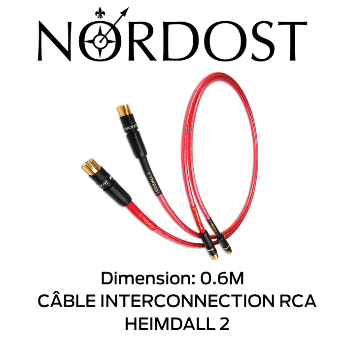 NORDOST Heimdall 2 - Câble d'interconnexion RCA-RCA: conception 4 conducteurs à noyau solide OFC plaqués argent 24 AWG à 99,9999 %; Isolation en FEP de haute qualité, capacitance: 25.0pF/pi; Inductance: 0,06 μH/pied!