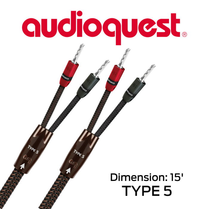 AudioQuest Type 5 - Câble de haut-parleurs calibre 15 AWG (la paire): conducteurs solides en cuivre à surface parfaite (PSC) / Cuivre à grains longs (LGC), système de dissipation de bruit et de croisement à base de carbone!