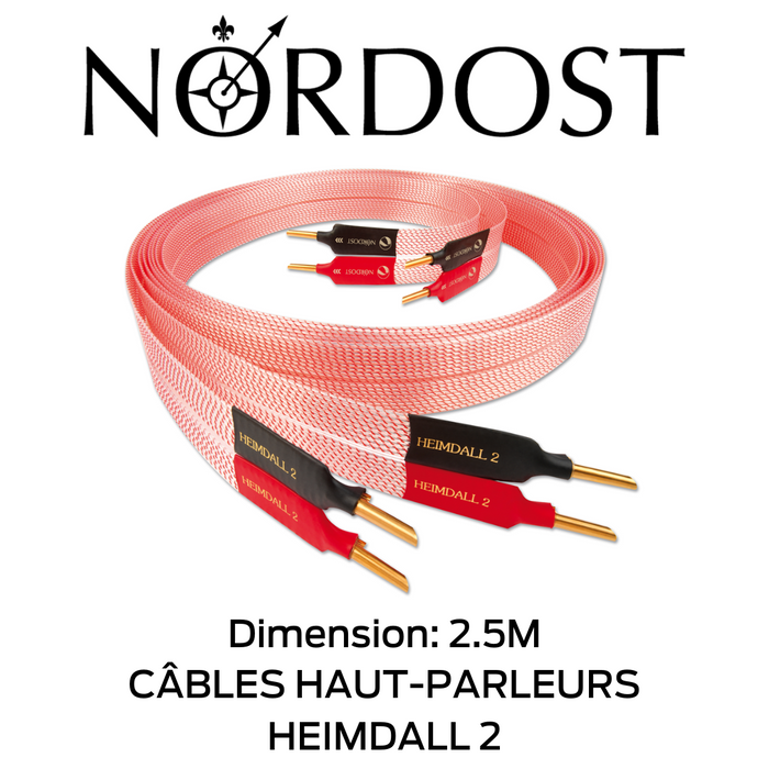 NORDOST Heimdall 2 (la paire) - Câbles de haut-parleurs Série: Isolation Ethylène Propylène Fluoré, câblage conception Micro Mono-Filament, conducteurs 18 x 22 AWG, argent à 99,9999% OFC, capacitance : 9.8pF/f Inductance : 0,14 μH/pied!
