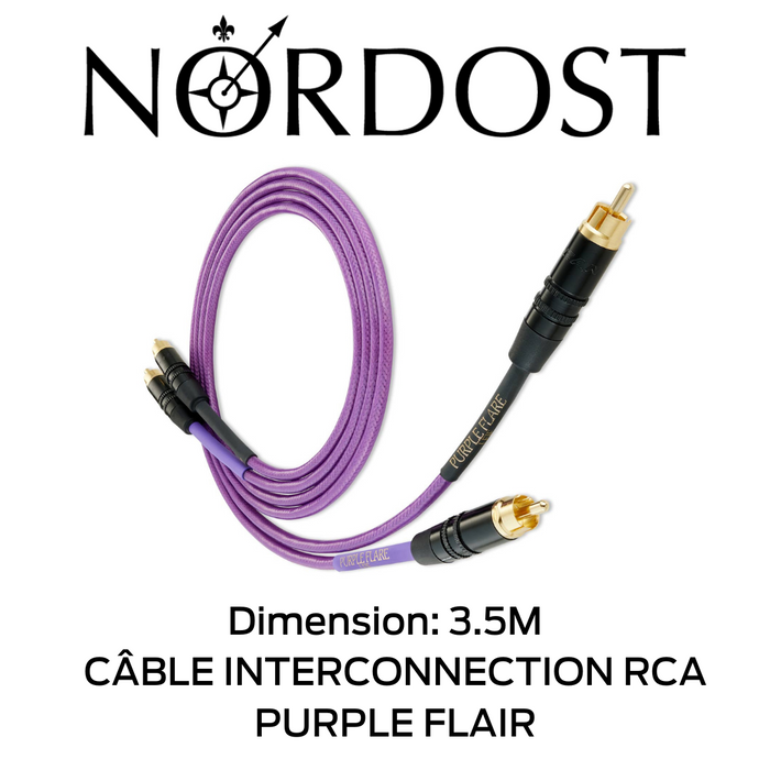NORDOST Purple Flair - Câble d'interconnexion RCA-RCA: 6 conducteurs à noyau solide OFC plaqués argent 26 AWG à 99,9999 %; Isolation FEP de haute qualité, capacitance: 55.0pF/pi; Inductance: 0,037 μH/pied!