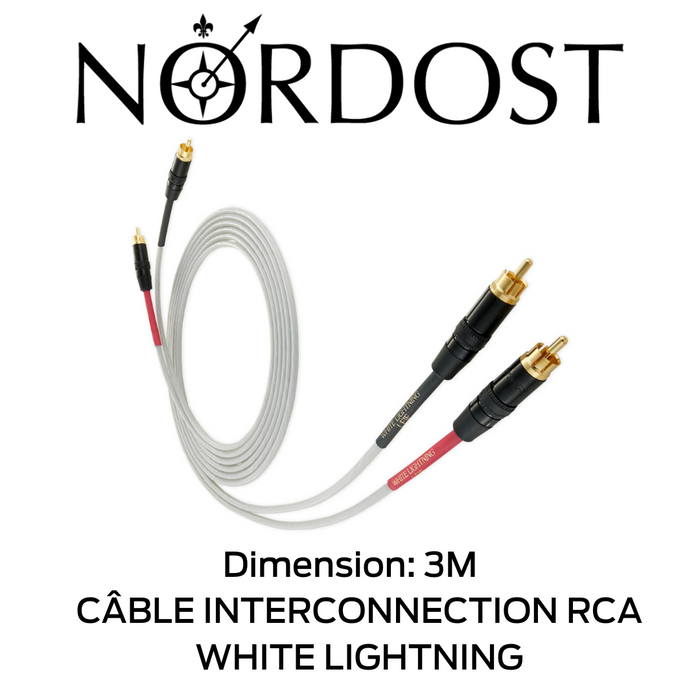 NORDOST White Lightning - Câble d'interconnexion RCA-RCA: conception 4 conducteurs à noyau solide OFC plaqués argent 26 AWG à 99,9999 %; Isolation en FEP de haute qualité Ethylène Propylène Fluoré (FEP); capacitance: 43.0pF/pi; Inductance: 0,046 μH/pied!
