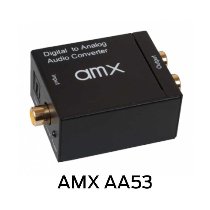 AMX AA53 - Convertisseur câble coaxial ou fibre optique à sortie RCA stéréophonique, inclus câble fibre optique et sortie 3.5mm pour prise d'écouteur.