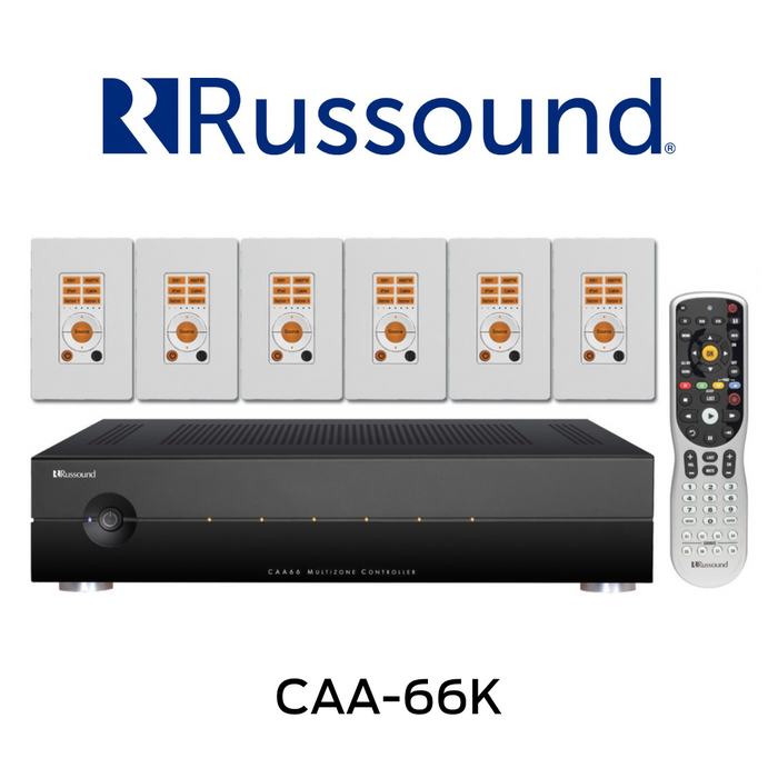 Russound CAA-66K - Amplificateur source multi-pièces pour les systèmes de musique Russound 6 entrées stéréo RCA, 6 paires de connecteurs d'enceintes et 20 watts RMS par canal + 6 contrôleurs KP6 et télécommande