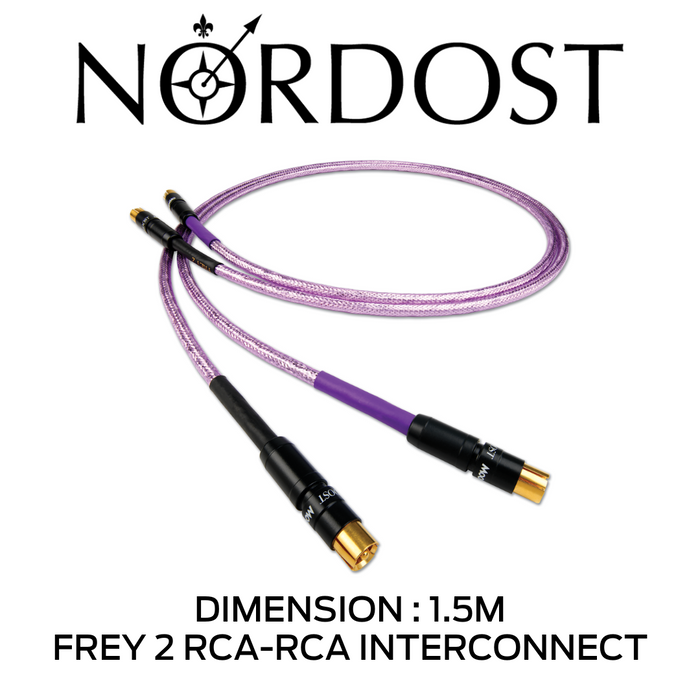 NORDOST Frey 2 - Câble d'interconnexion RCA-RCA: conception entièrement blindée; 5 conducteurs à noyau solide OFC plaqués argent 24 AWG à 99,9999 %; Isolation haute qualité, Ethylène Propylène Fluoré; Capacitance: 28.0pF/pi; Inductance: 0,055 μH/pied!