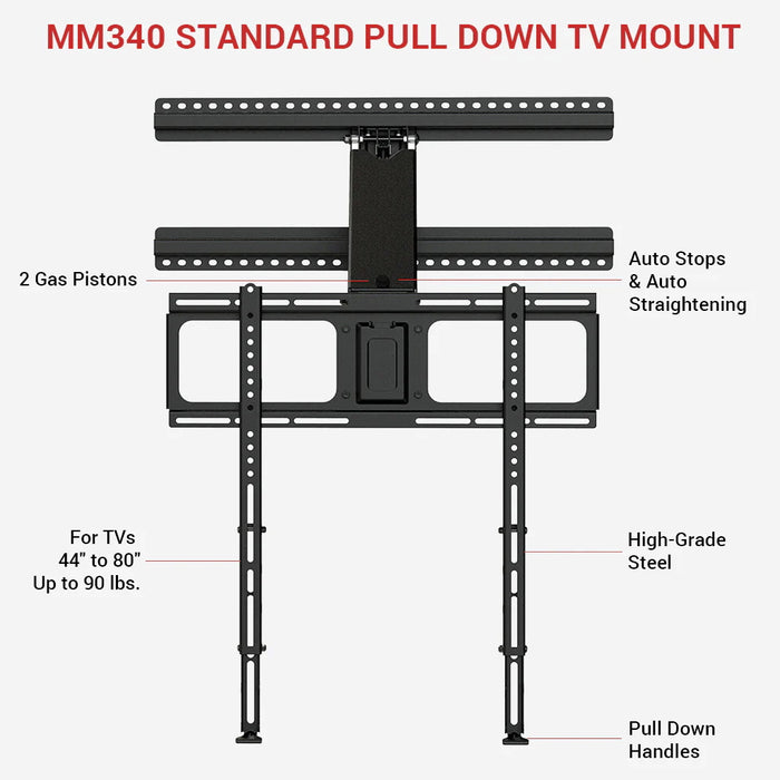MantelMount MM340 - Support articulé à 2 pistons à gaz inclinable vers le bas pour téléviseur de 44'' à 80'' d'un poids entre 20 et 90 lb et pivotement à 30 degrés dans chaque direction.