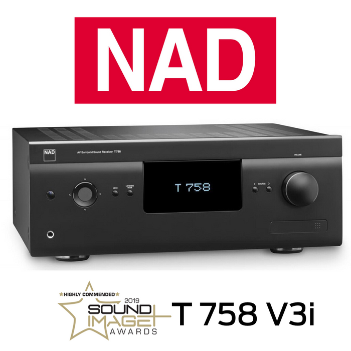NAD T758 V3i - Récepteur cinéma maison 7 X 60Watts/Canal, Pass-through vidéo 4K UHD, HDMI 4K/60p, décodage Dolby Atmos Lecture Hi-Res Audio 24 bits/192 kHz (FLAC/WAV/AIFF)