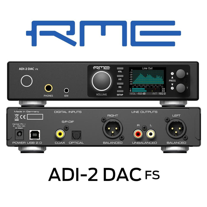 RME ADI2 DAC FS - Taux d'échantillonnage 44.1 kHz à 768 kHz, lecture haute résolution de PCM, DXD et DSD jusqu'à 768 kHz, 2 sorties ligne asymétriques (Stereo L/R) sur RCA - 2 sorties ligne symétriques (Stereo L/R) sur XLR