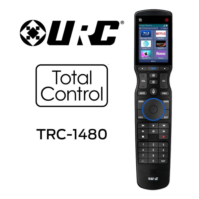 URC Total Control TRC-1480 - Télécommande haut de gamme avec activation vocale et écran LCD couleur de 2.4'' Wi-Fi qui offre un contrôle principal dans toute la maison des appareils de divertissement et de maison intelligente.