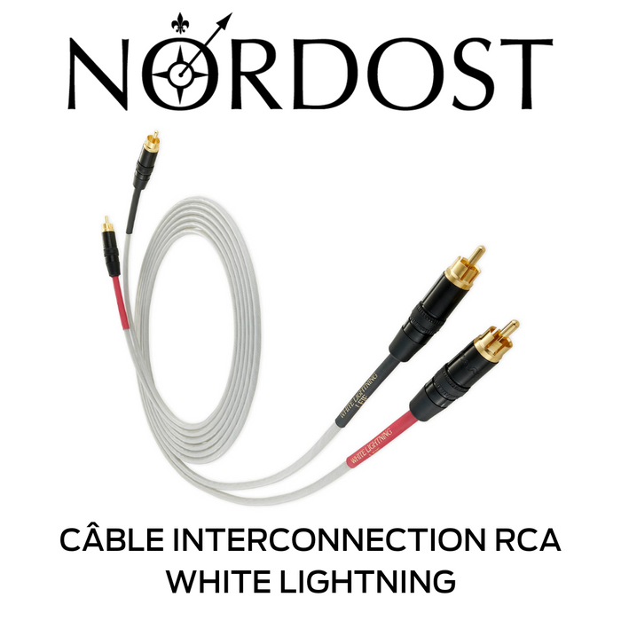 NORDOST White Lightning - Câble d'interconnexion RCA-RCA: conception 4 conducteurs à noyau solide OFC plaqués argent 26 AWG à 99,9999 %; Isolation en FEP de haute qualité Ethylène Propylène Fluoré (FEP); capacitance: 43.0pF/pi; Inductance: 0,046 μH/pied!